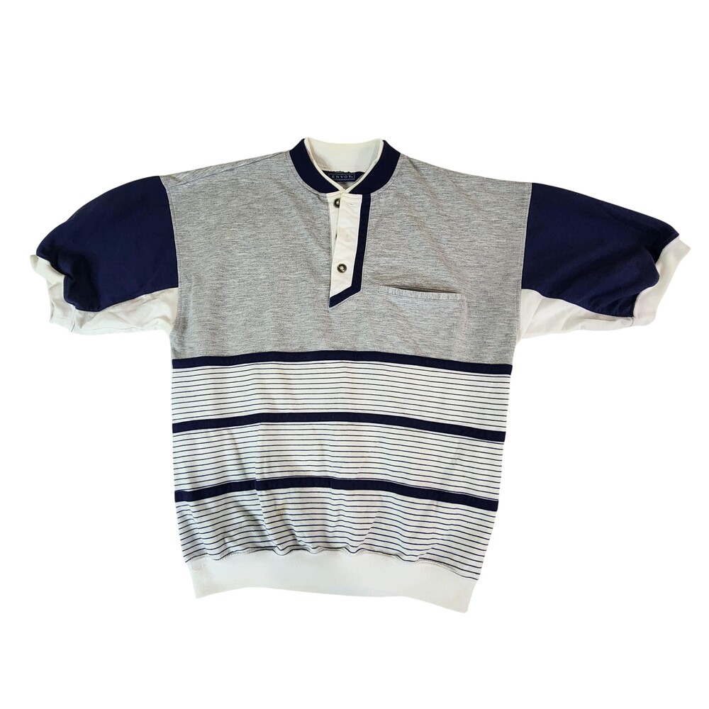 Envoy Shirt Mens Medium Gray Navy White Striped Short Sleeve Henley Pocket